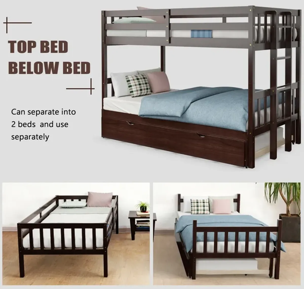 Twin Pull-Out Bunk Bed with Trundle Wooden Ladder