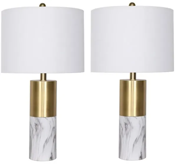 Tuyi 25 Inch Table Lamp, Set of 2, Fabric Shade, Dual Tone, Gold and White - Benzara
