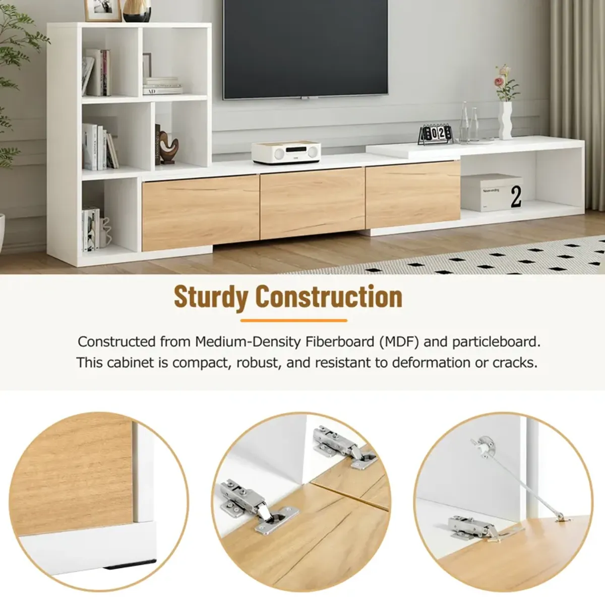 Clihome 74.8''-126'' Extendable TV Stand with 3 Tier Bookshelves for TVs up to 110'', Adjustable Entertainment Center with Storage Cabinets, Sliding Tabletop Media Console for Living Room, White