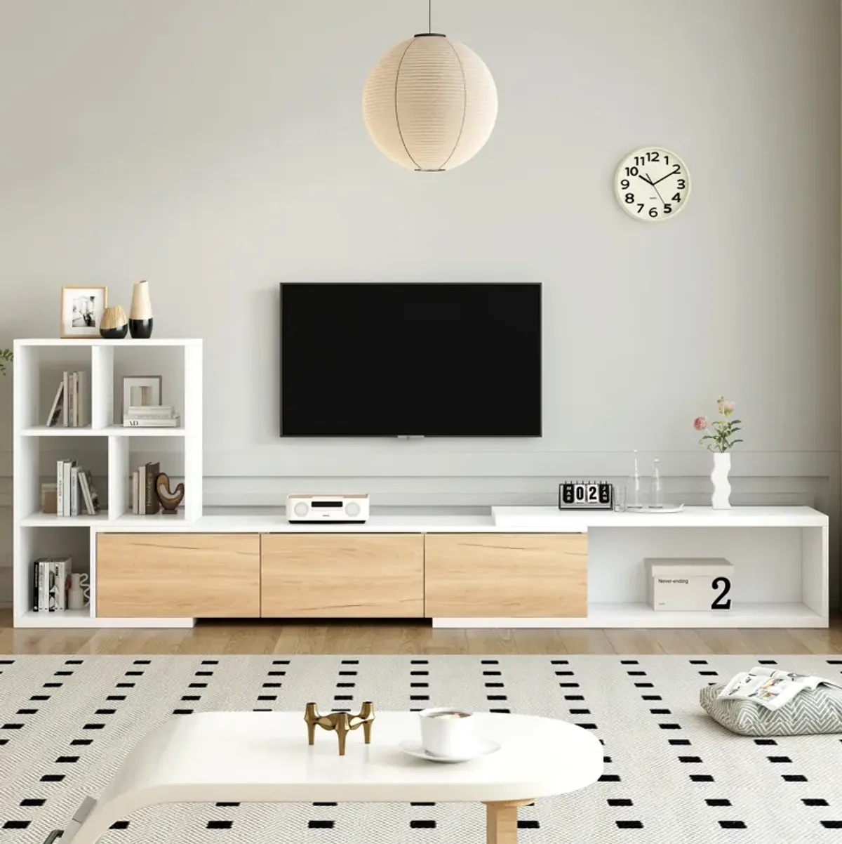 Clihome 74.8''-126'' Extendable TV Stand with 3 Tier Bookshelves for TVs up to 110'', Adjustable Entertainment Center with Storage Cabinets, Sliding Tabletop Media Console for Living Room, White