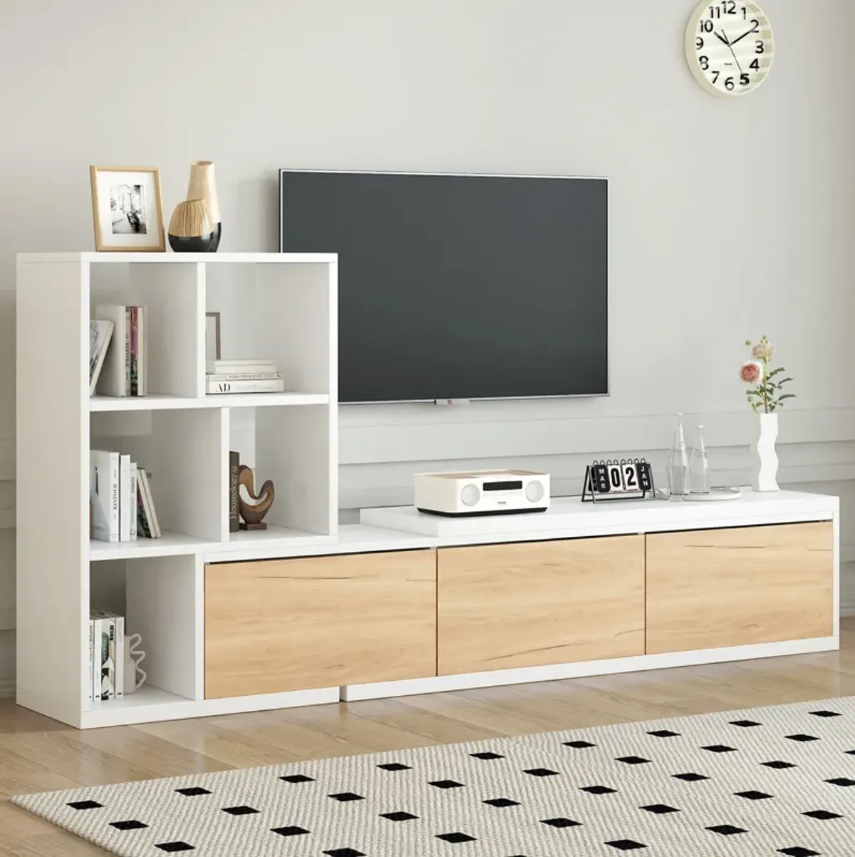 Clihome 74.8''-126'' Extendable TV Stand with 3 Tier Bookshelves for TVs up to 110'', Adjustable Entertainment Center with Storage Cabinets, Sliding Tabletop Media Console for Living Room, White