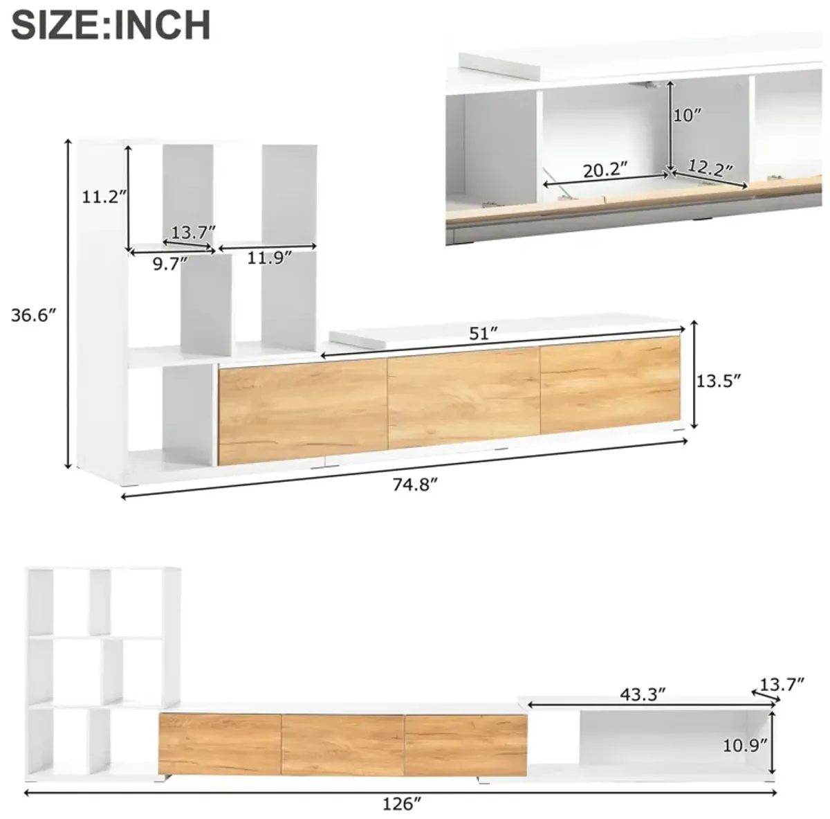 Clihome 74.8''-126'' Extendable TV Stand with 3 Tier Bookshelves for TVs up to 110'', Adjustable Entertainment Center with Storage Cabinets, Sliding Tabletop Media Console for Living Room, White