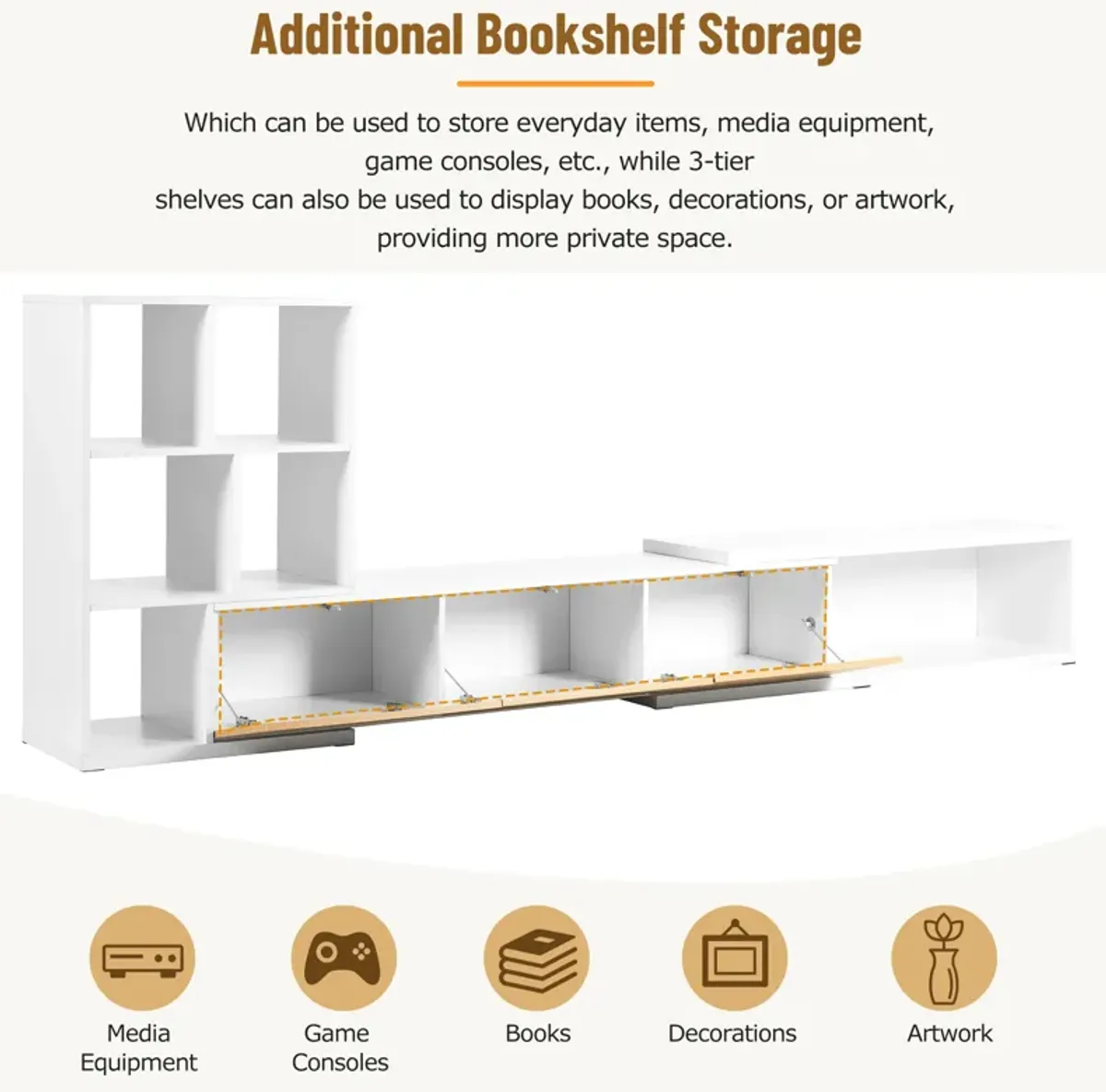 Clihome 74.8''-126'' Extendable TV Stand with 3 Tier Bookshelves for TVs up to 110'', Adjustable Entertainment Center with Storage Cabinets, Sliding Tabletop Media Console for Living Room, White