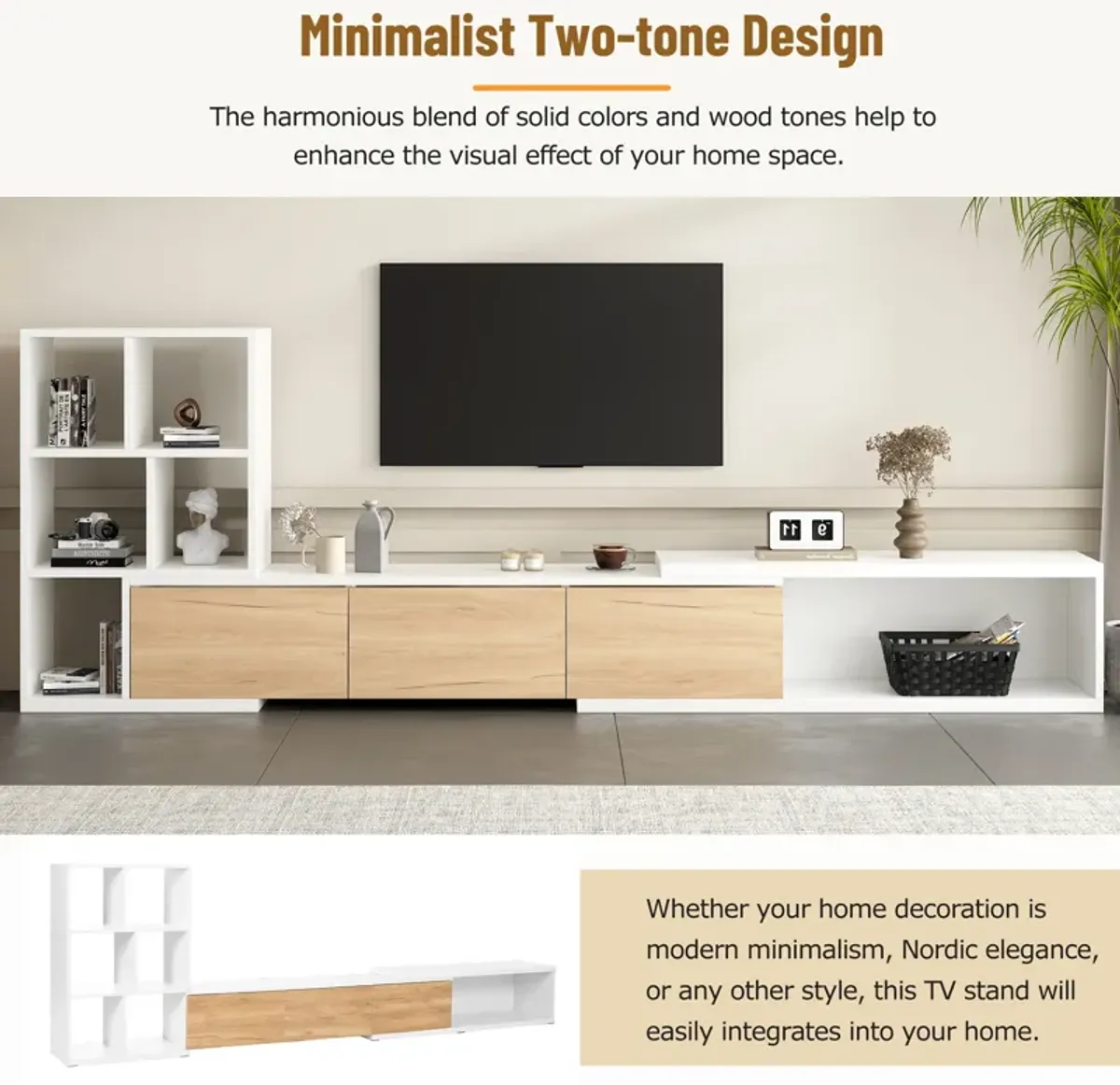 Clihome 74.8''-126'' Extendable TV Stand with 3 Tier Bookshelves for TVs up to 110'', Adjustable Entertainment Center with Storage Cabinets, Sliding Tabletop Media Console for Living Room, White