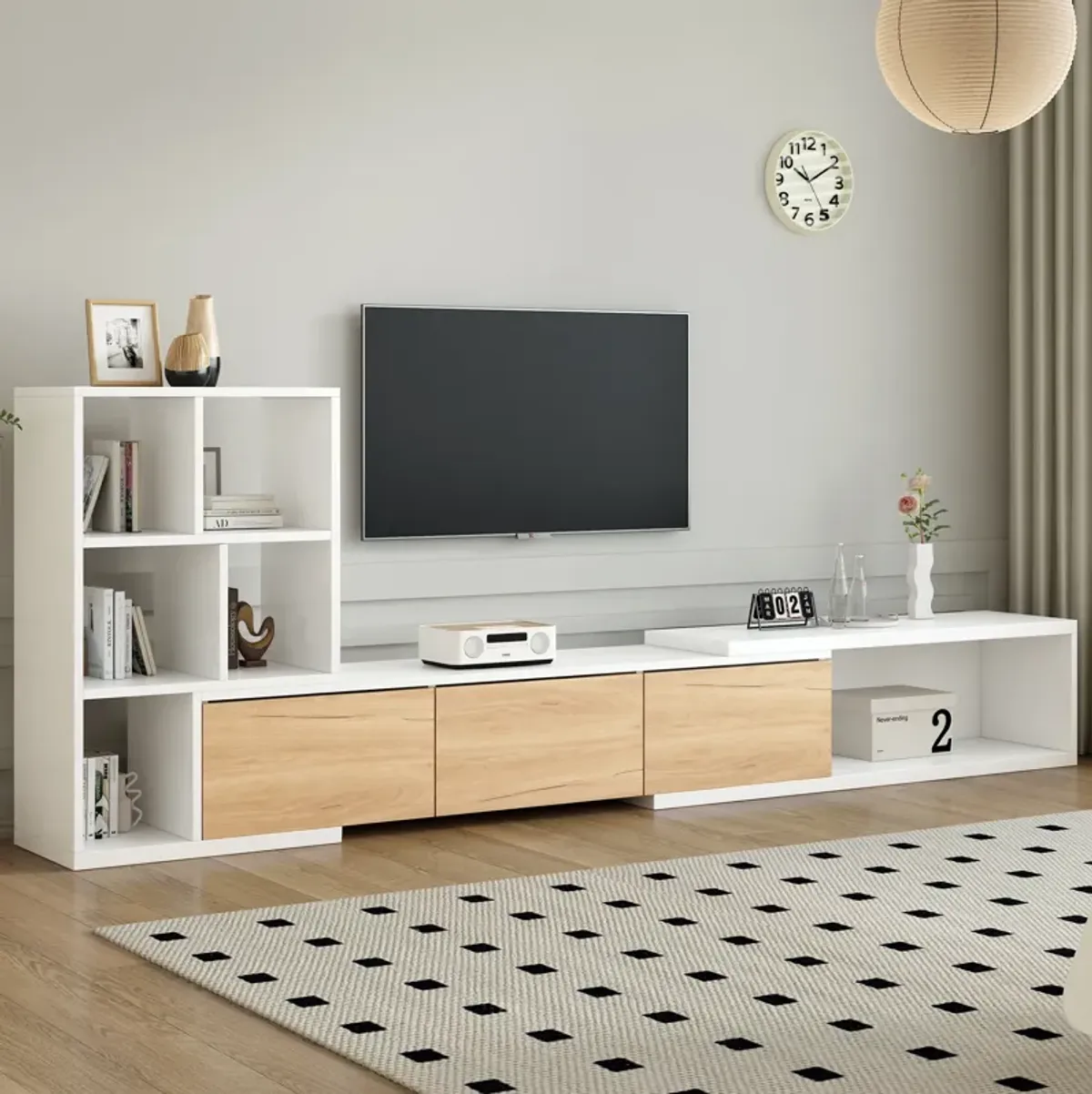 Clihome 74.8''-126'' Extendable TV Stand with 3 Tier Bookshelves for TVs up to 110'', Adjustable Entertainment Center with Storage Cabinets, Sliding Tabletop Media Console for Living Room, White