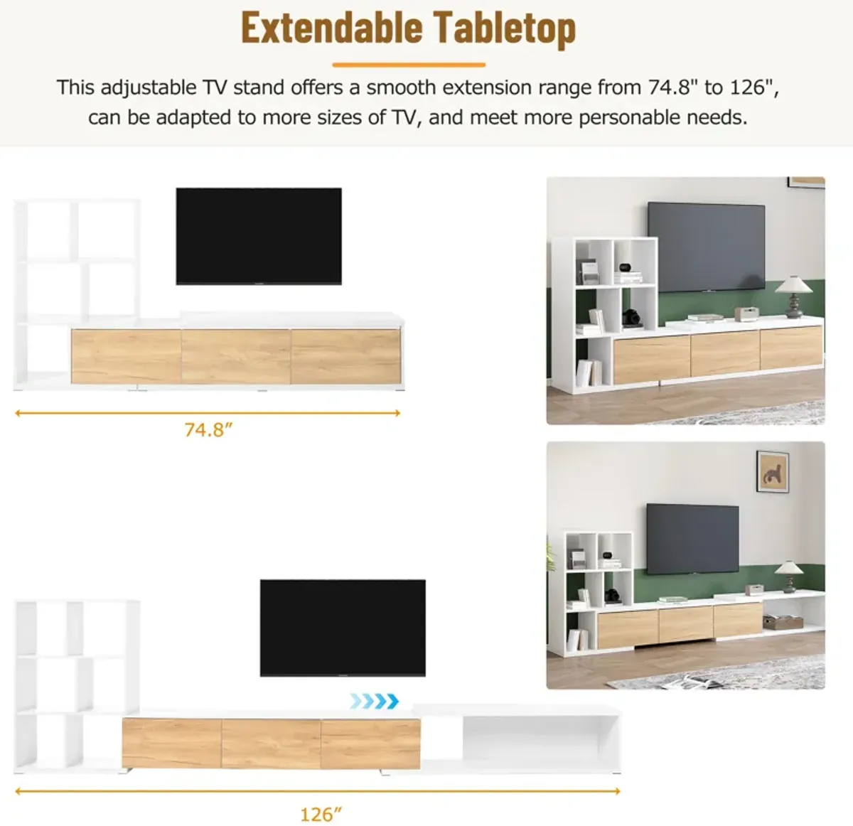 Clihome 74.8''-126'' Extendable TV Stand with 3 Tier Bookshelves for TVs up to 110'', Adjustable Entertainment Center with Storage Cabinets, Sliding Tabletop Media Console for Living Room, White