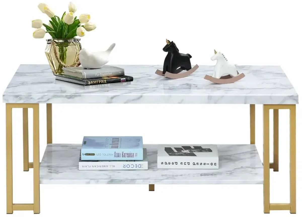 2-Tier Rectangular Modern Coffee Table with Gold Print Metal Frame