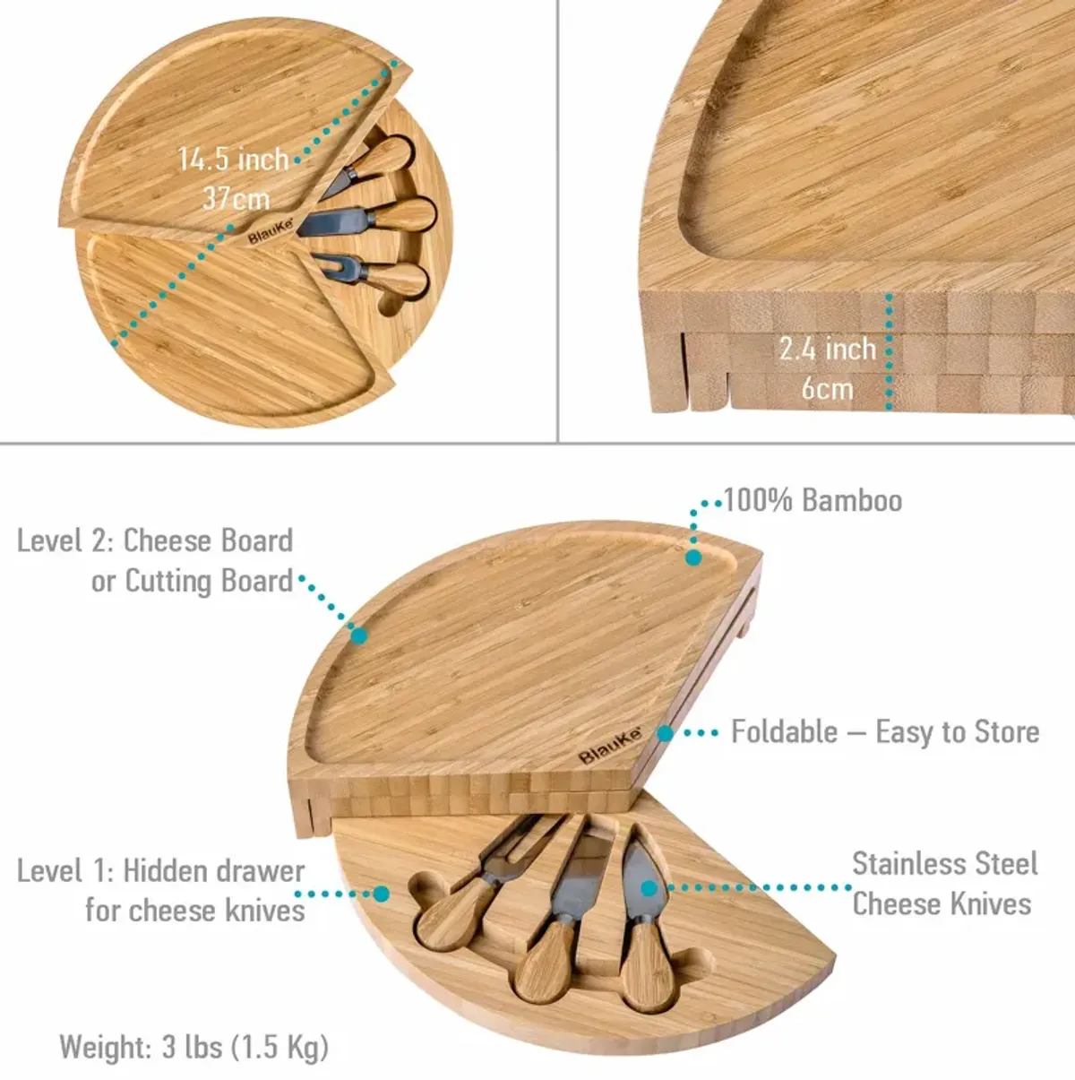 Bamboo Cheese Board and Knife Set - 14 Inch Swiveling Charcuterie Board with Slide-Out Drawer - Cheese Serving Platter, Round Serving Tray