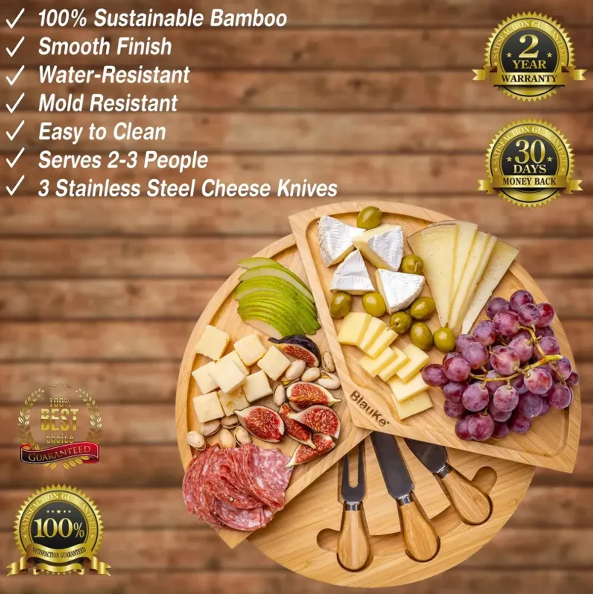 Bamboo Cheese Board and Knife Set - 14 Inch Swiveling Charcuterie Board with Slide-Out Drawer - Cheese Serving Platter, Round Serving Tray