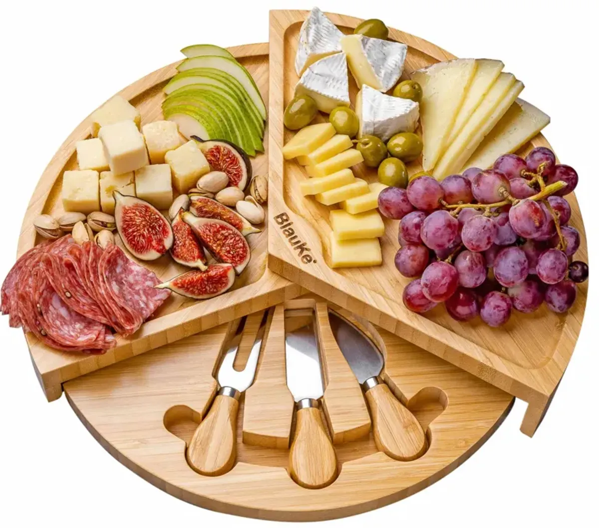 Bamboo Cheese Board and Knife Set - 14 Inch Swiveling Charcuterie Board with Slide-Out Drawer - Cheese Serving Platter, Round Serving Tray