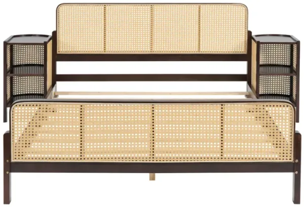 3 Pieces Rattan Platform Full Size Bed With 2 Nightstands, Walnut