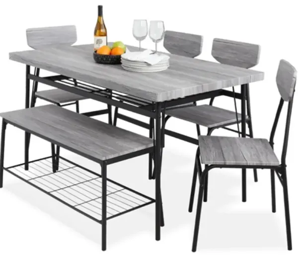 Modern 6 Piece Dining Set with Grey Wood Top Table 4 Chairs and Storage Bench