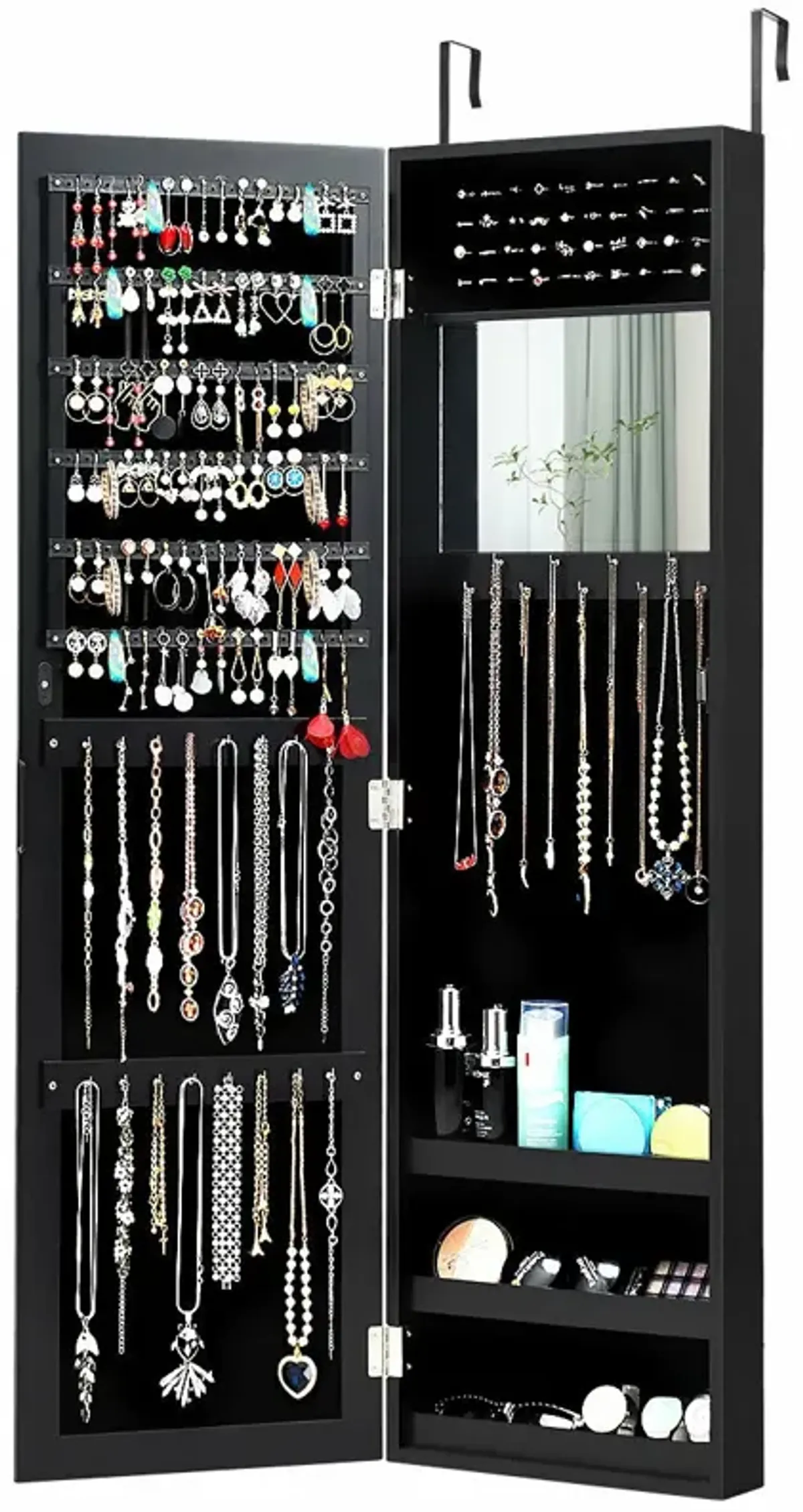 Full Length Mirror Jewelry Cabinet with Ring Slots and Necklace Hooks