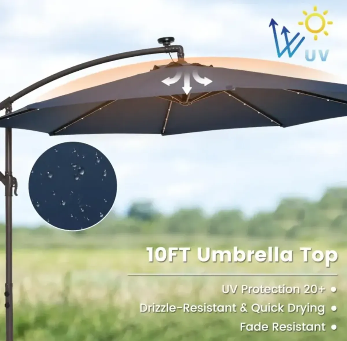 Hivvago 10 Feet Cantilever Umbrella with 32 LED Lights and Solar Panel Batteries