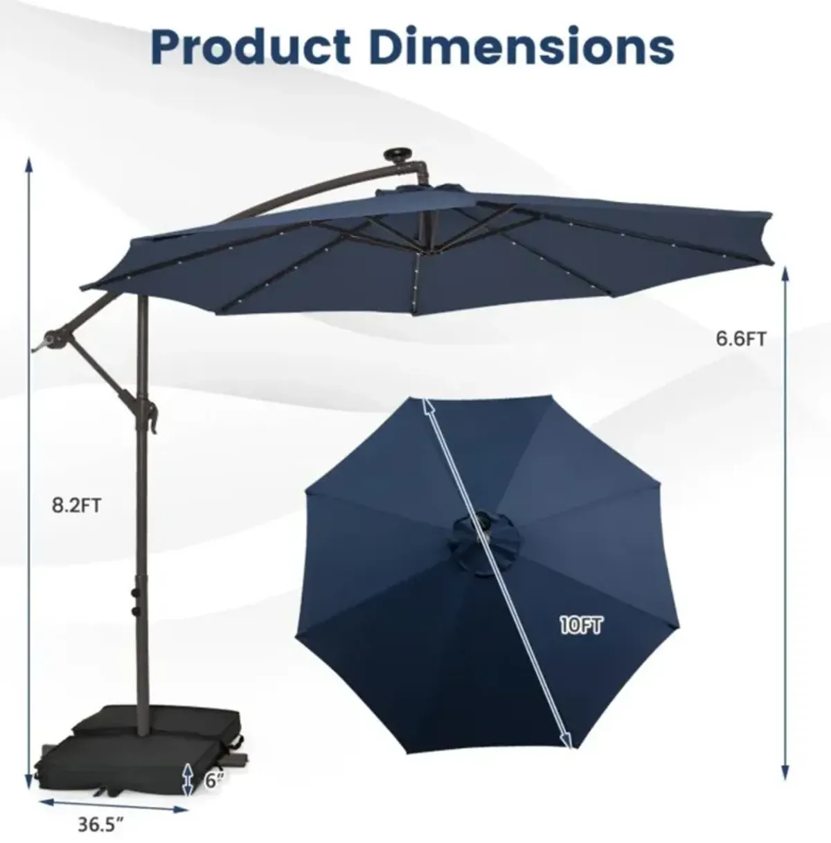 Hivvago 10 Feet Cantilever Umbrella with 32 LED Lights and Solar Panel Batteries