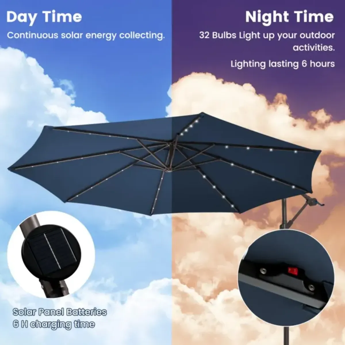 Hivvago 10 Feet Cantilever Umbrella with 32 LED Lights and Solar Panel Batteries