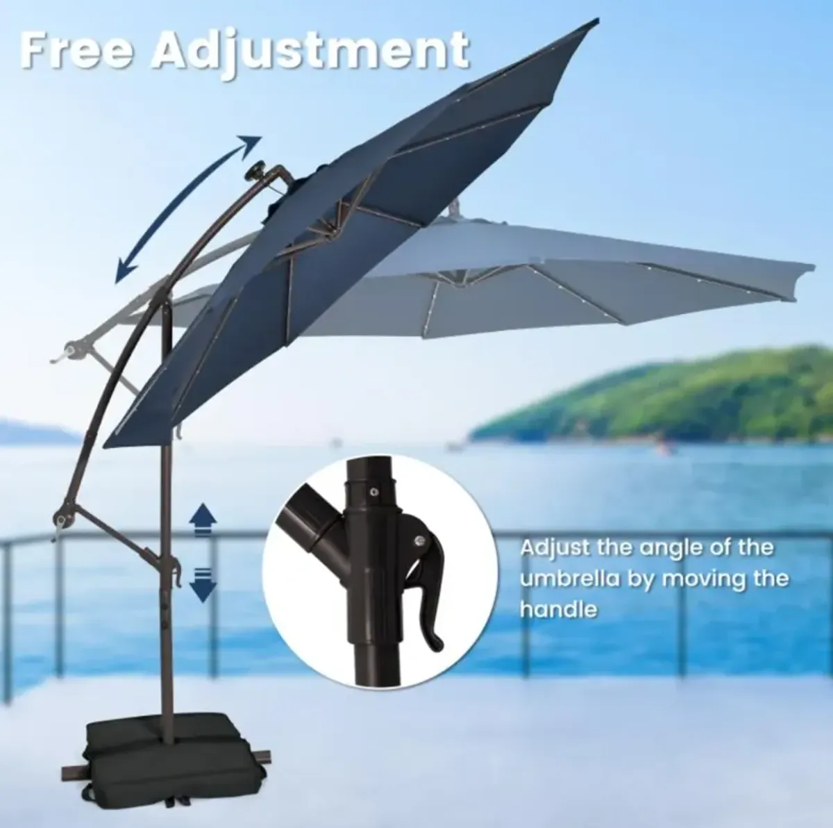 Hivvago 10 Feet Cantilever Umbrella with 32 LED Lights and Solar Panel Batteries