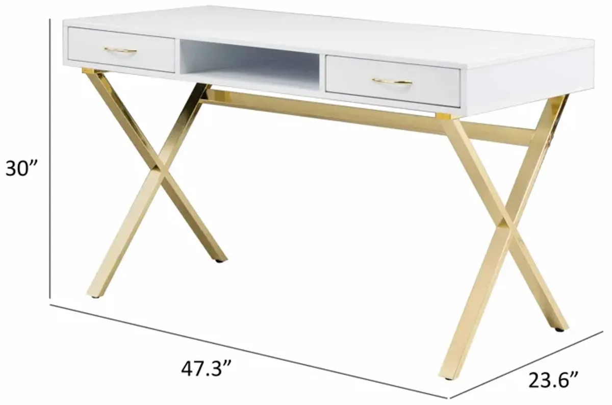 Gracie 47 Inch Desk, White Rectangular Top, 2 Drawers, Gold Metal Legs - Benzara