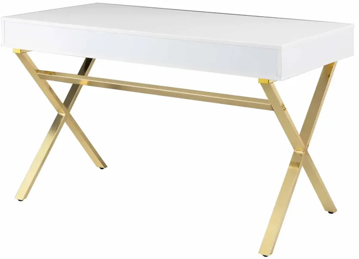 Gracie 47 Inch Desk, White Rectangular Top, 2 Drawers, Gold Metal Legs - Benzara