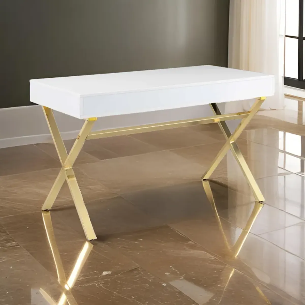 Gracie 47 Inch Desk, White Rectangular Top, 2 Drawers, Gold Metal Legs - Benzara