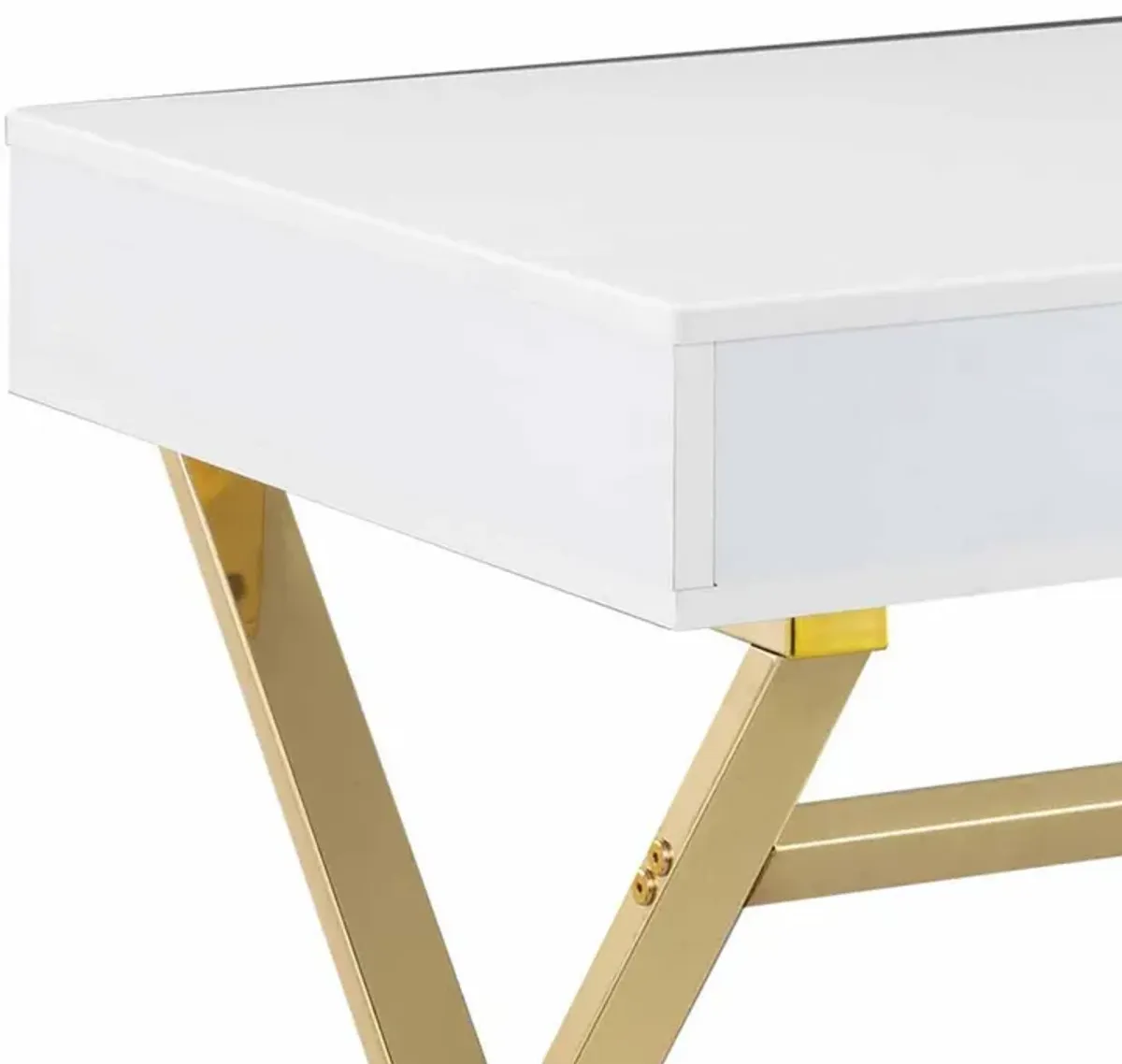 Gracie 47 Inch Desk, White Rectangular Top, 2 Drawers, Gold Metal Legs - Benzara