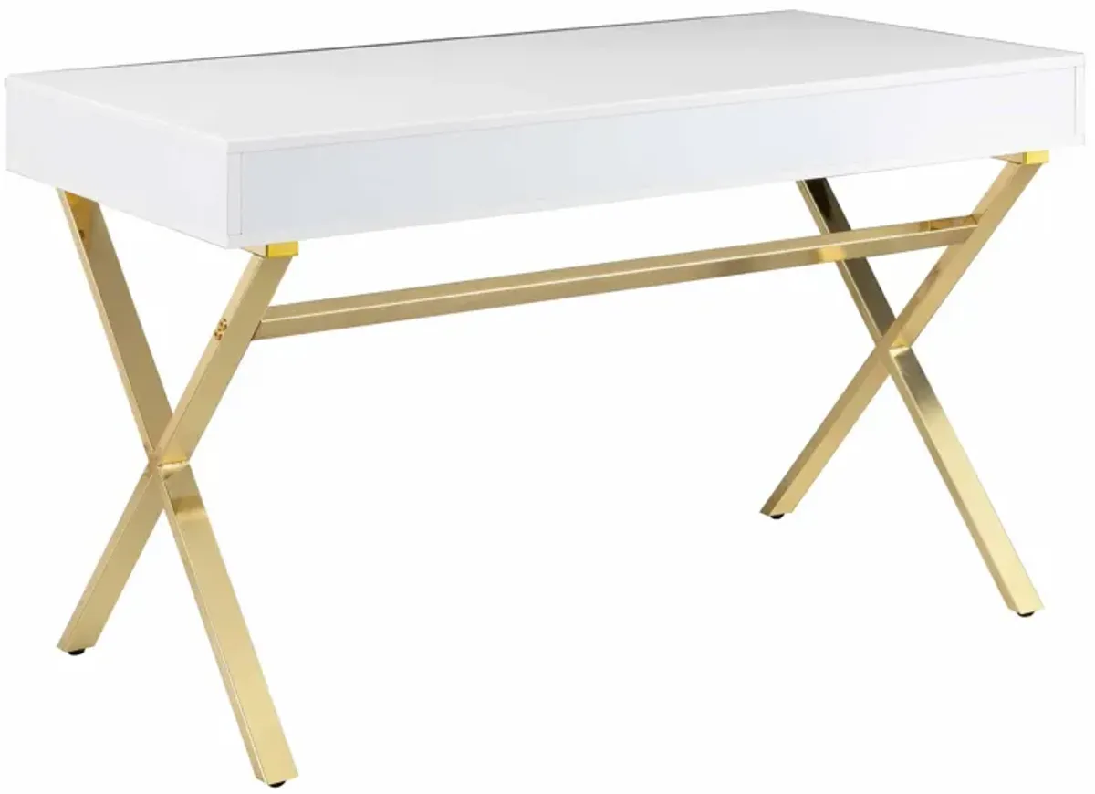 Gracie 47 Inch Desk, White Rectangular Top, 2 Drawers, Gold Metal Legs - Benzara