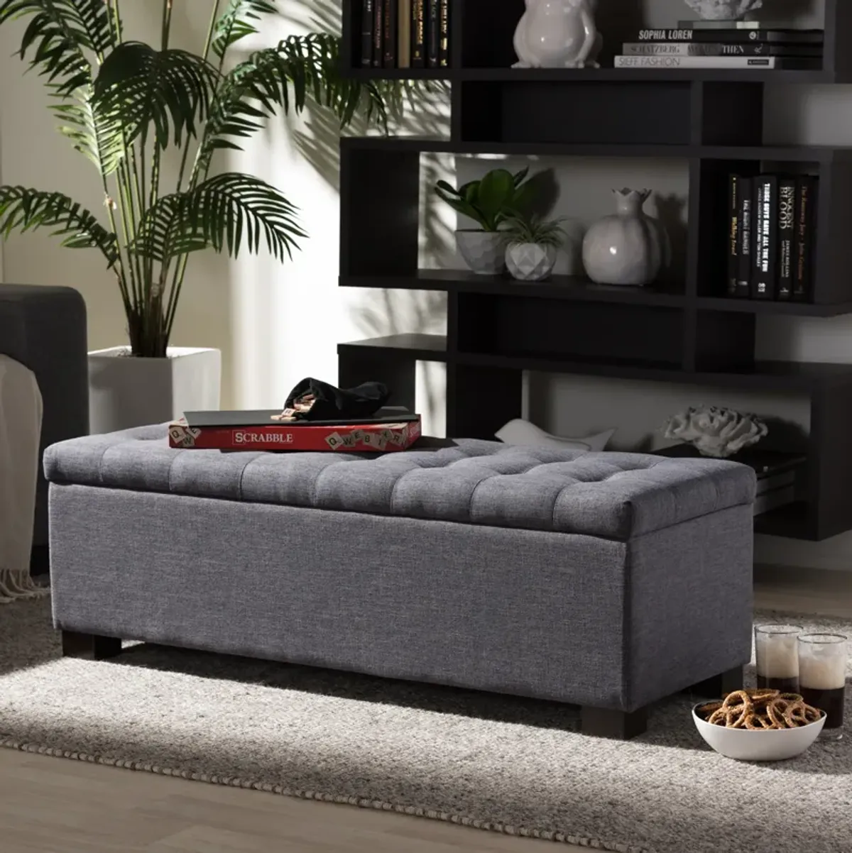 Baxton Studio Roanoke Modern Dark Grey Fabric Upholstered Grid Tufting Storage Ottoman Bench