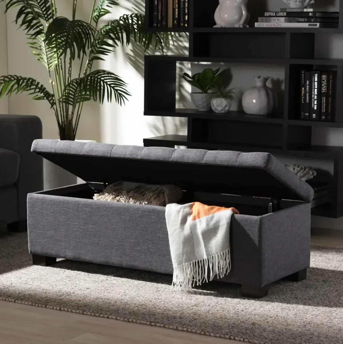 Baxton Studio Roanoke Modern Dark Grey Fabric Upholstered Grid Tufting Storage Ottoman Bench