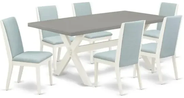East West Furniture 7-Piece Modern kitchen table set a Superb Cement Color rectangular Table Top and 6 Awesome Linen Fabric Dining Chairs with Stylish Chair Back, Linen White Finish