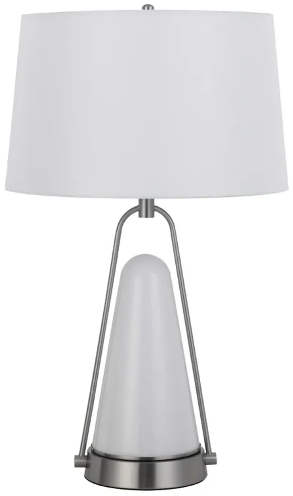 29 Inch Table Lamp, LED Lit, White Drum Hardback, Silver Metal and Glass - Benzara