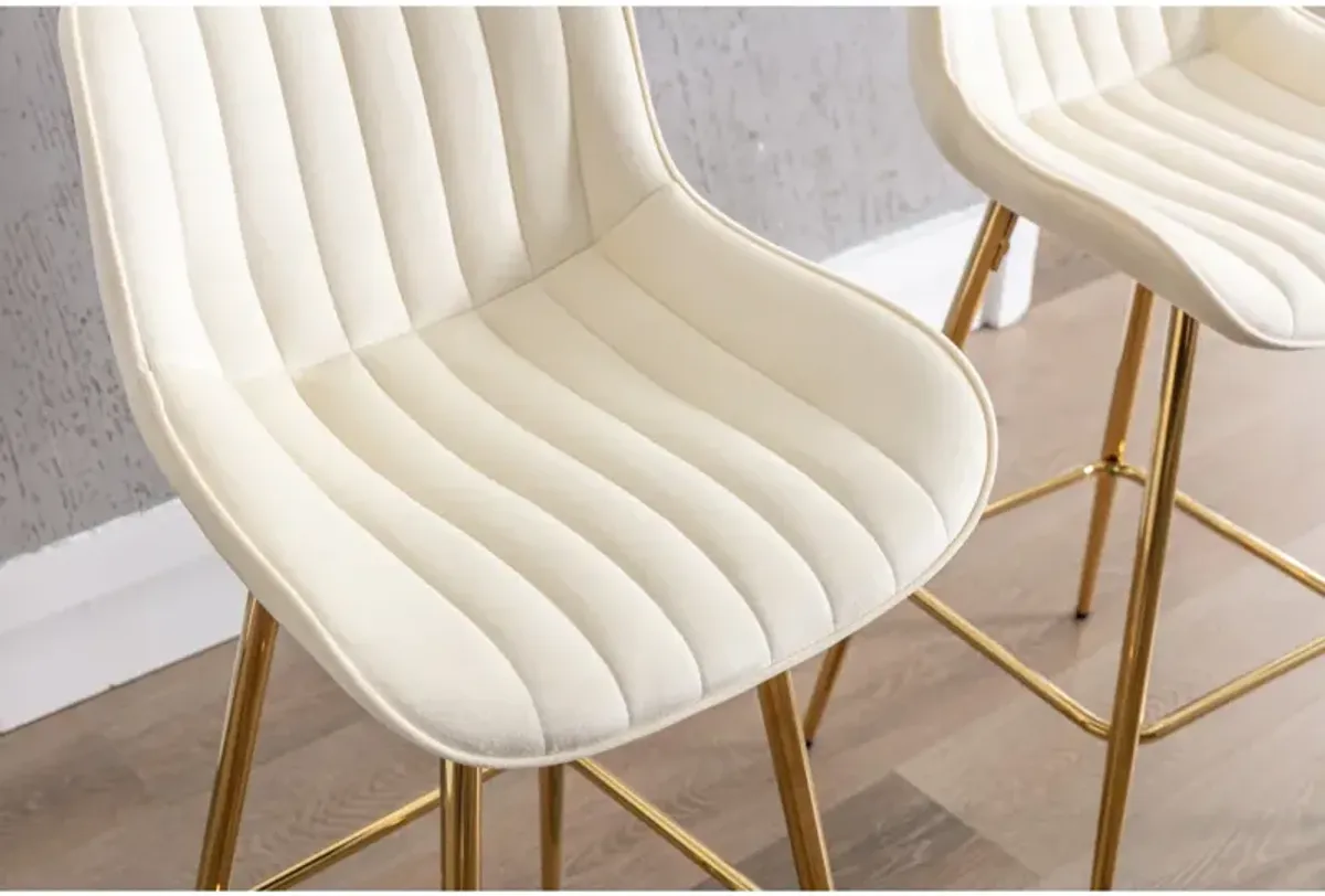 30 inch Set of 2 Bar Stools, with Chrome Footrest Velvet Fabric Counter Stool Golden Leg Simple High Bar Stool, CREAM