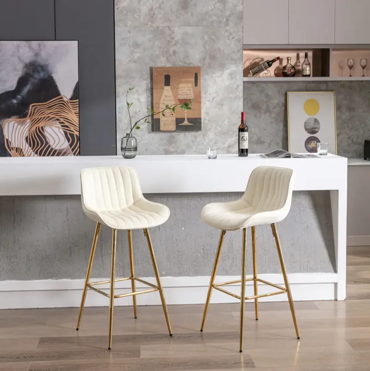 30 inch Set of 2 Bar Stools, with Chrome Footrest Velvet Fabric Counter Stool Golden Leg Simple High Bar Stool, CREAM