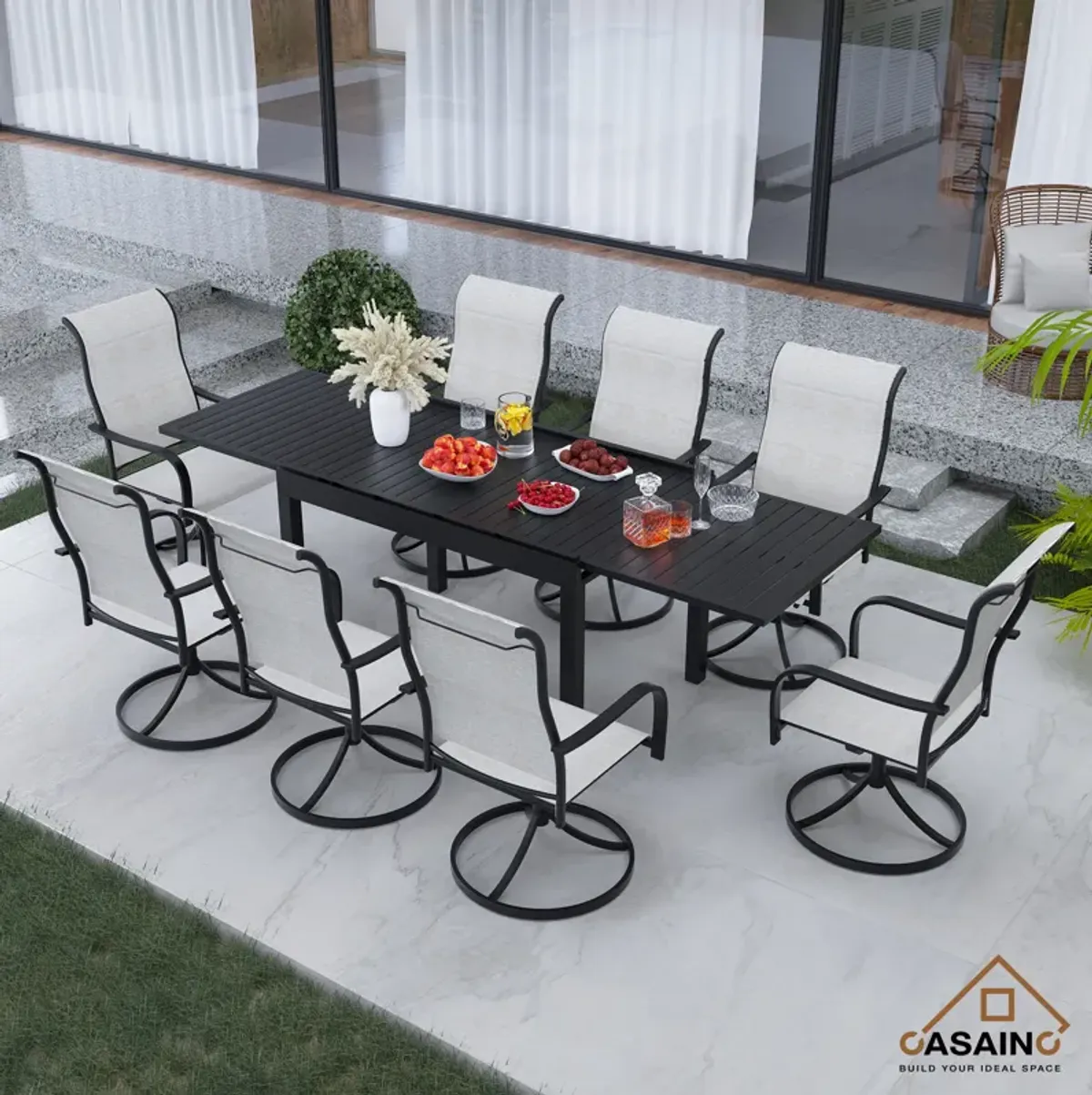 9 Piece Metal Frame Patio Dining Set, Aluminum Extendable Dining Table