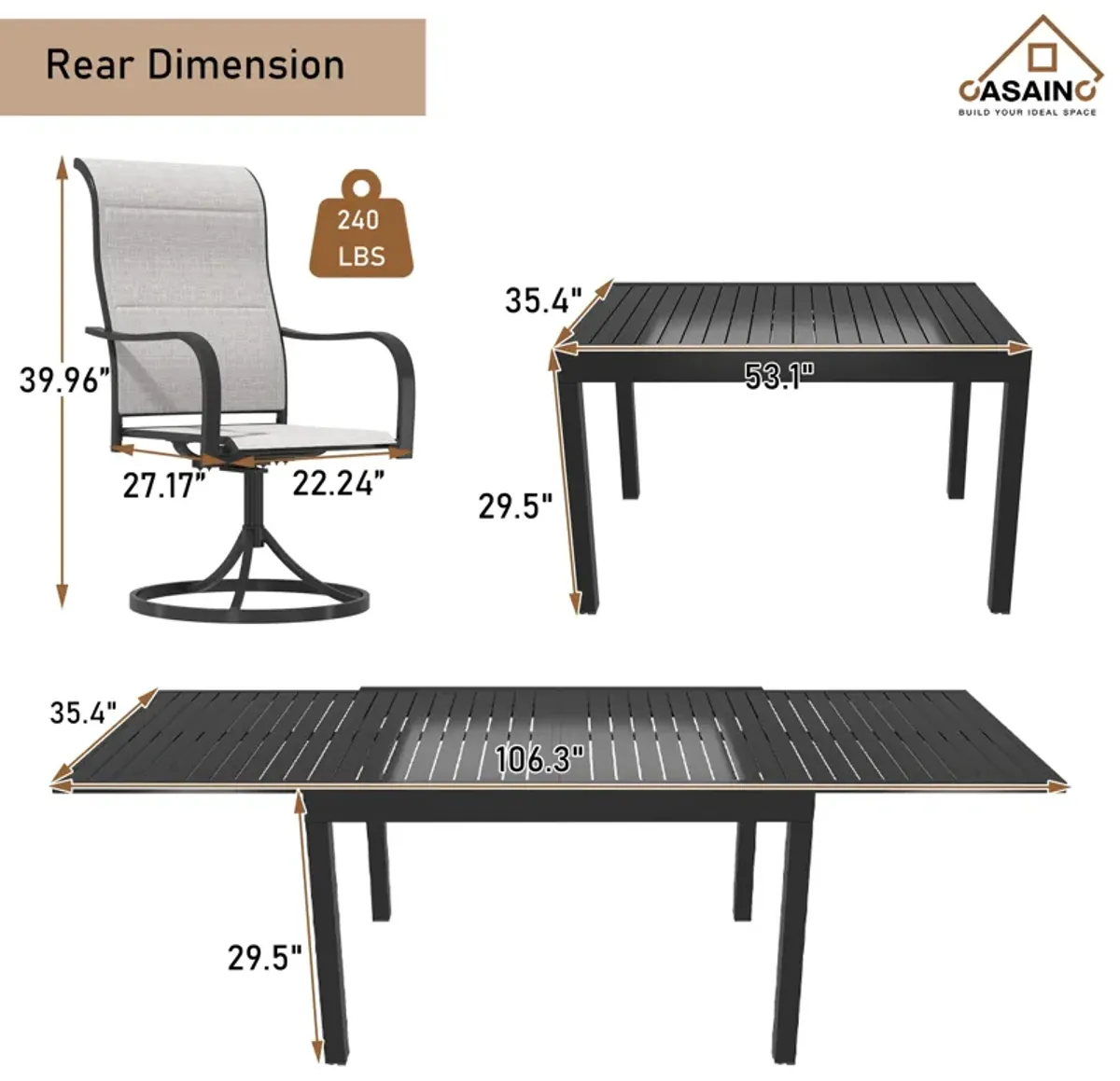 9 Piece Metal Frame Patio Dining Set, Aluminum Extendable Dining Table