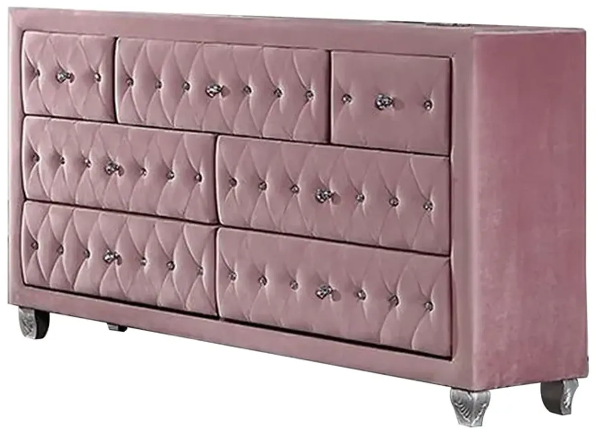 Benjara Zoha 59 Inch Wide Dresser Chest, 7 Drawer, Solid Wood, Upholstery, Pink and Silver