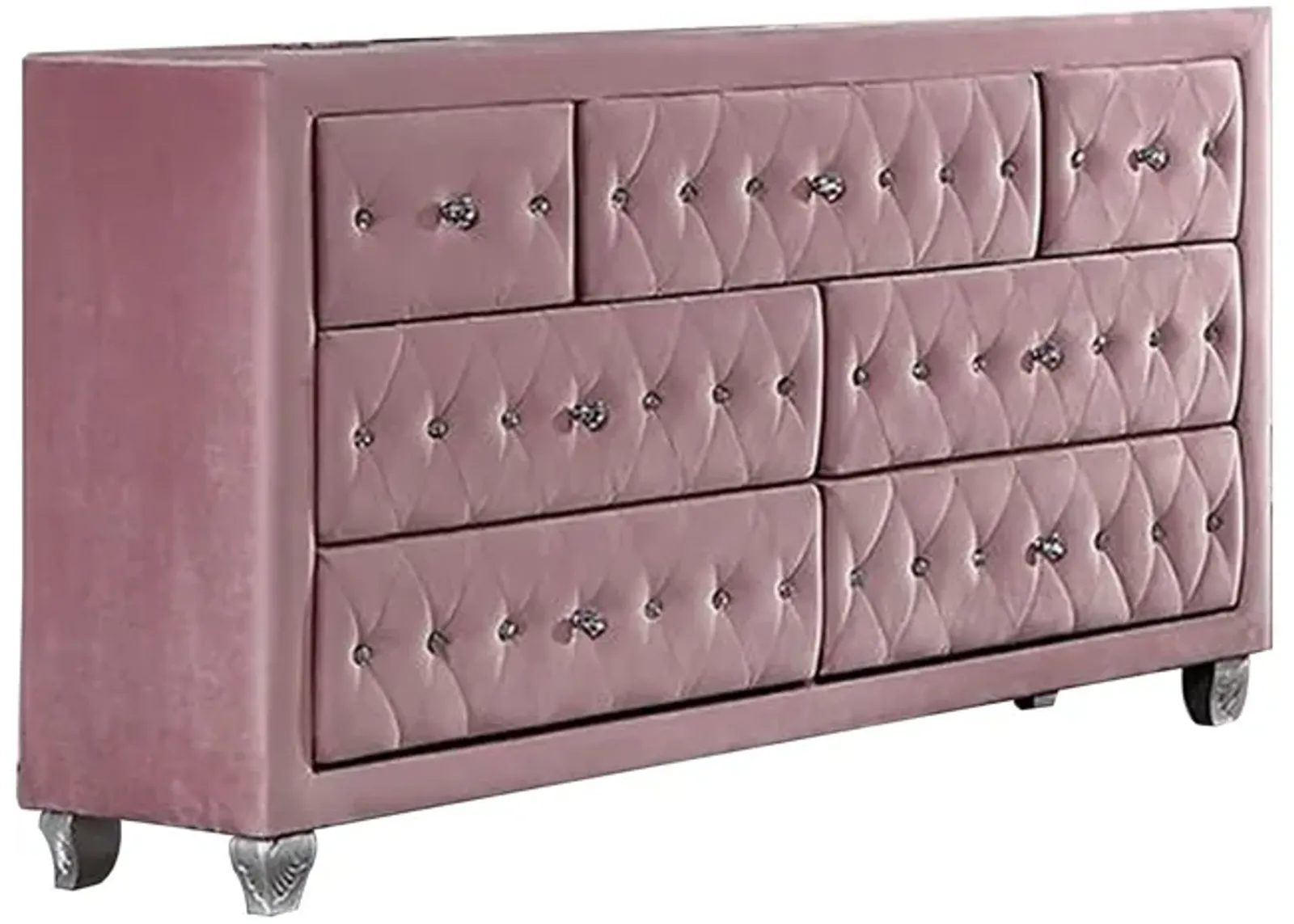 Benjara Zoha 59 Inch Wide Dresser Chest, 7 Drawer, Solid Wood, Upholstery, Pink and Silver