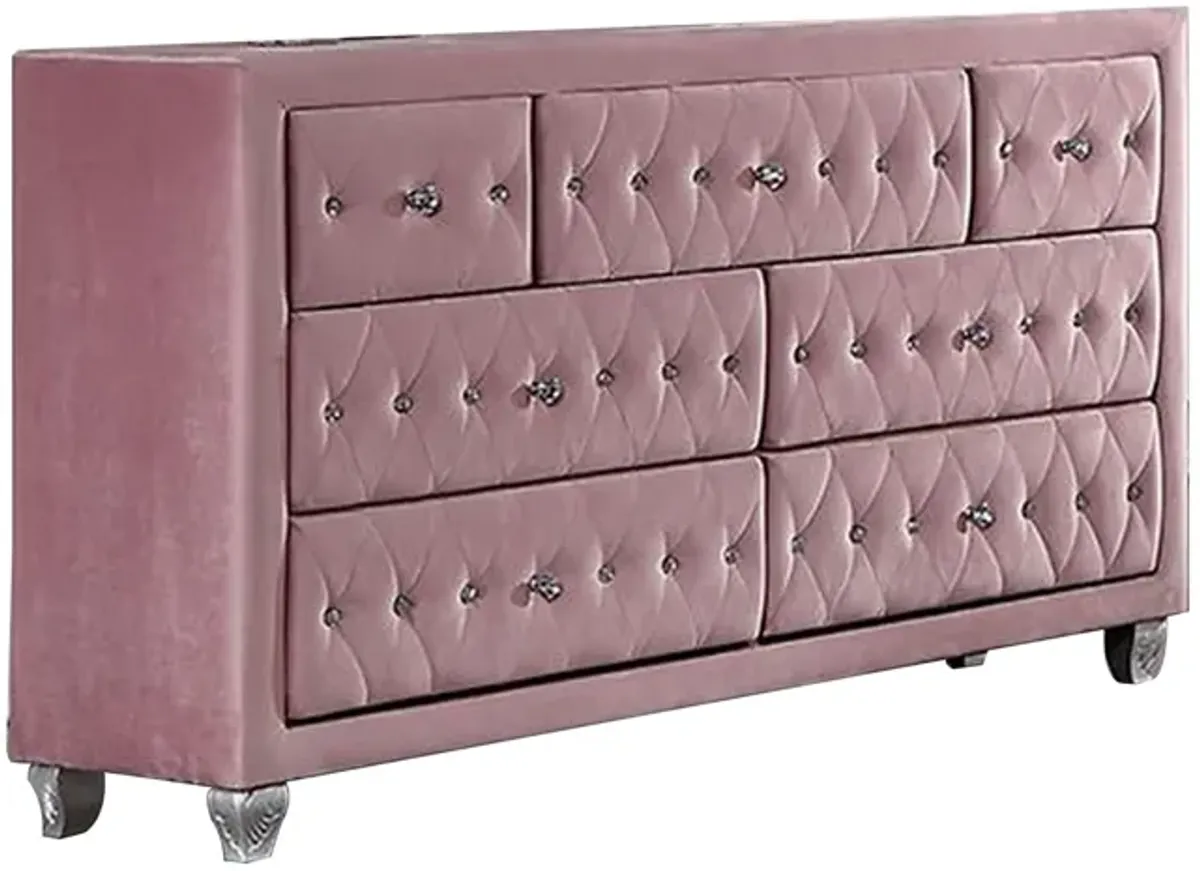 Benjara Zoha 59 Inch Wide Dresser Chest, 7 Drawer, Solid Wood, Upholstery, Pink and Silver