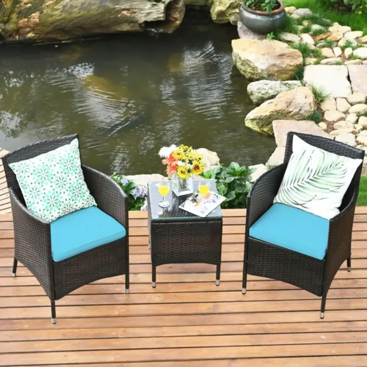 Hivvago 3 Pieces Ergonomic Wicker Patio Conversation Set