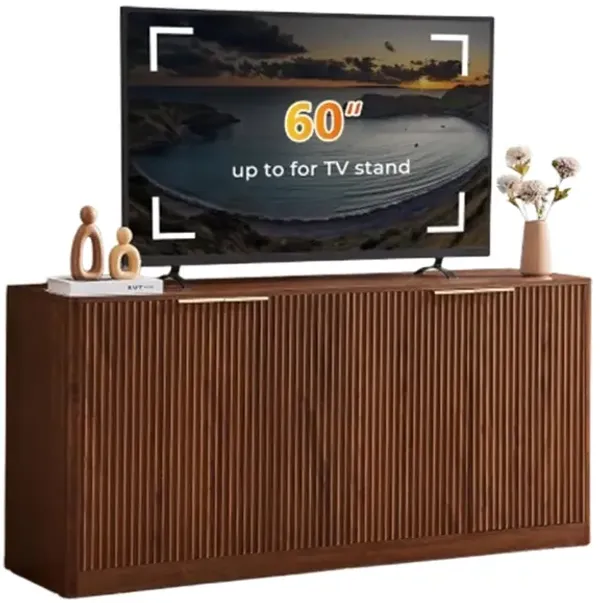59" Walnut Fluted TV Stand with Storage,Mid Century Modern TV Stand