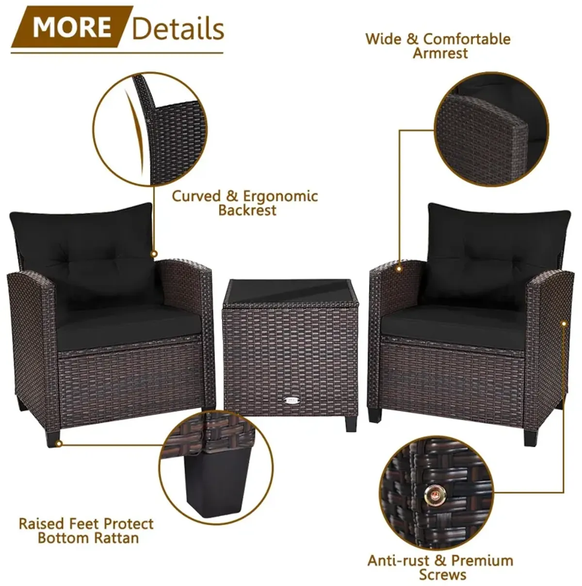 3 Pcs Patio Rattan Furniture Set Cushioned Conversation Set Coffee Table