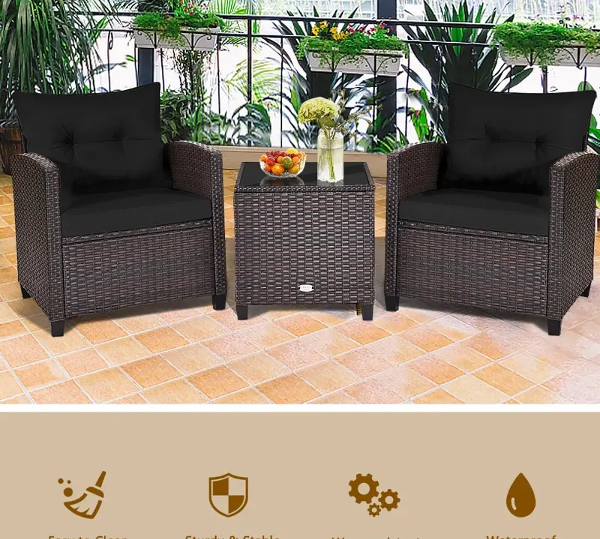 3 Pcs Patio Rattan Furniture Set Cushioned Conversation Set Coffee Table