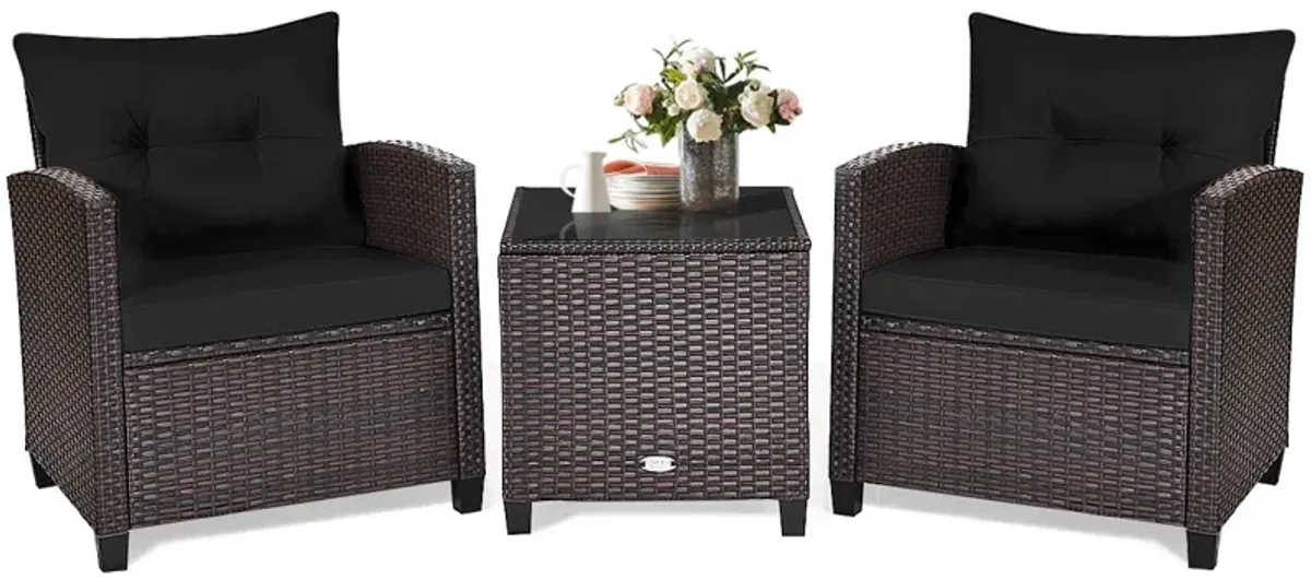 3 Pcs Patio Rattan Furniture Set Cushioned Conversation Set Coffee Table