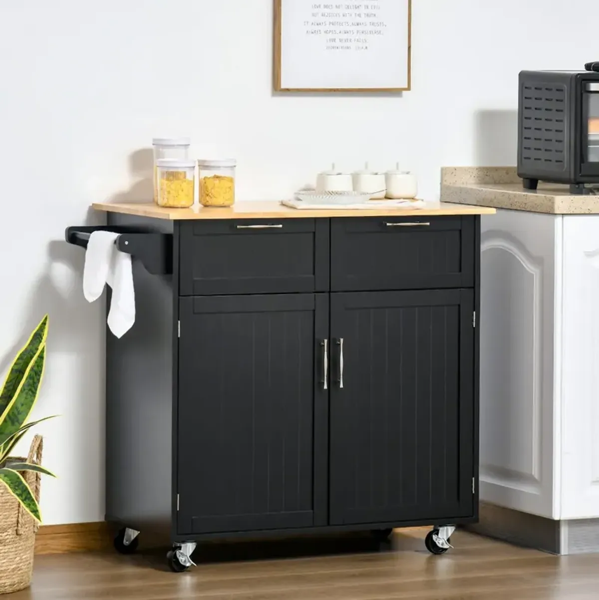 Black Kitchen Trolley: Modern Rolling Cart with Adjustable Shelving