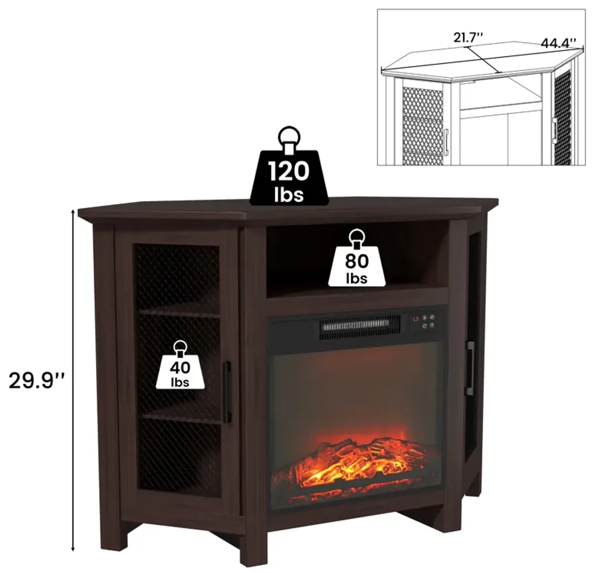 Mondawe 44.45-in W Brown TV Stand with Fan-forced Corner Electric Fireplace with Remote Control Included