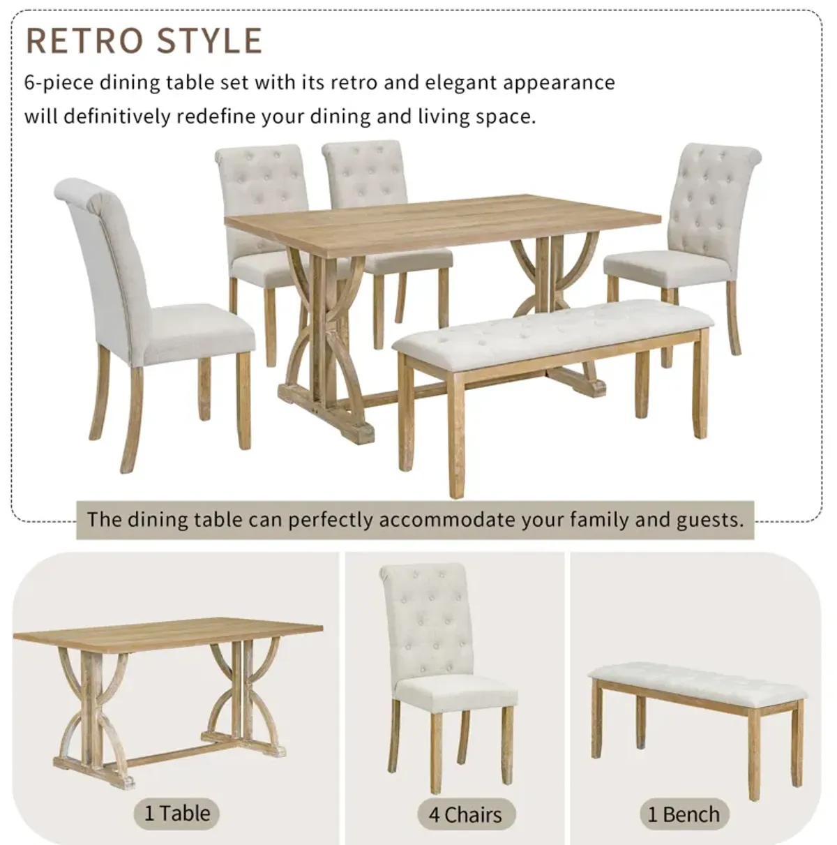 Merax 6-Piece Retro Rectangular Dining Table Set