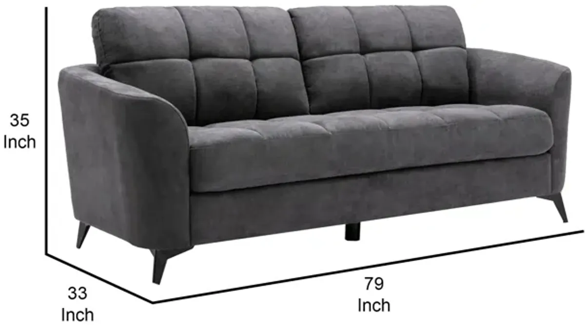 Odin Sofa with Tufted Cushioning, Black Frame, Gray Velvet-Benzara