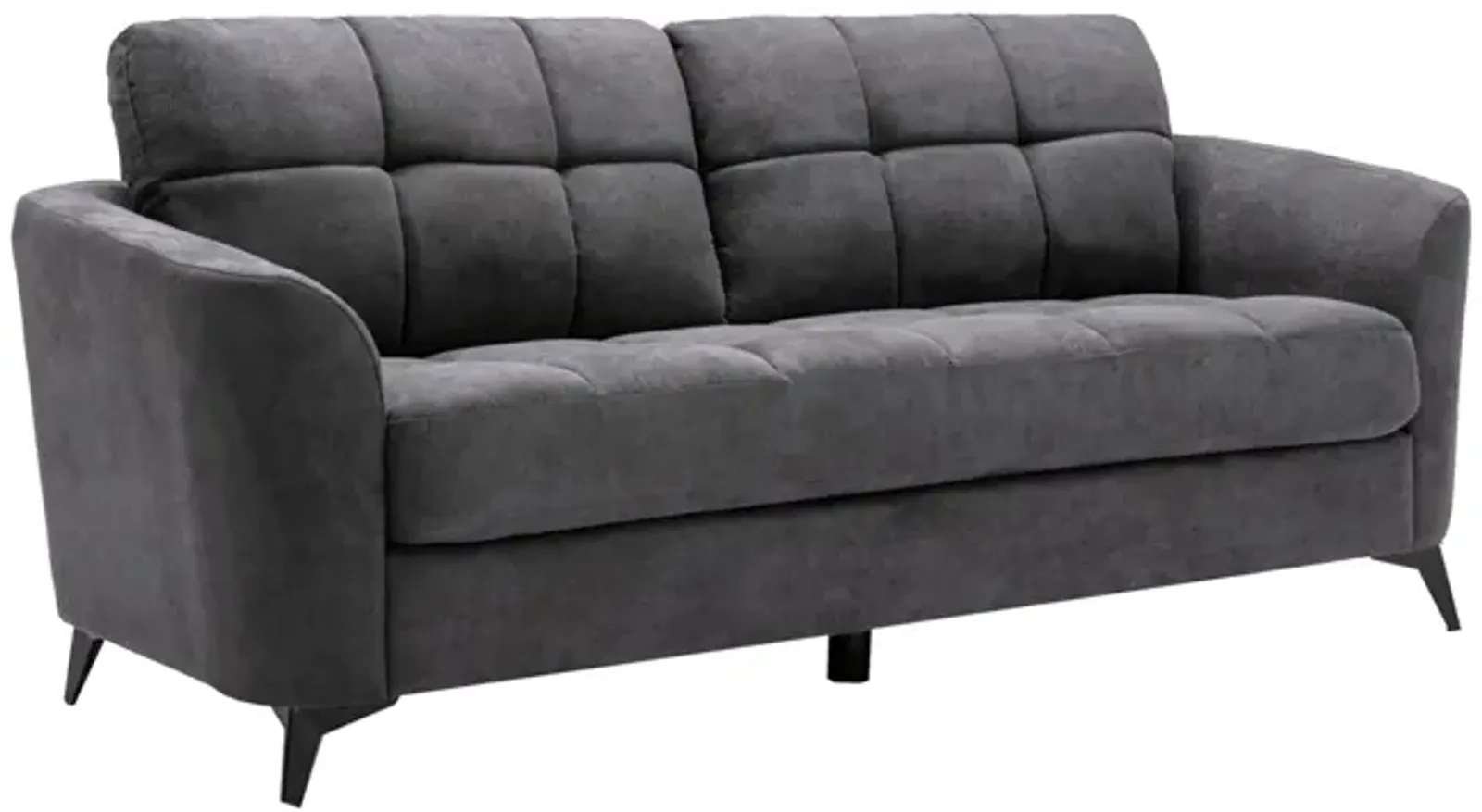 Odin Sofa with Tufted Cushioning, Black Frame, Gray Velvet-Benzara