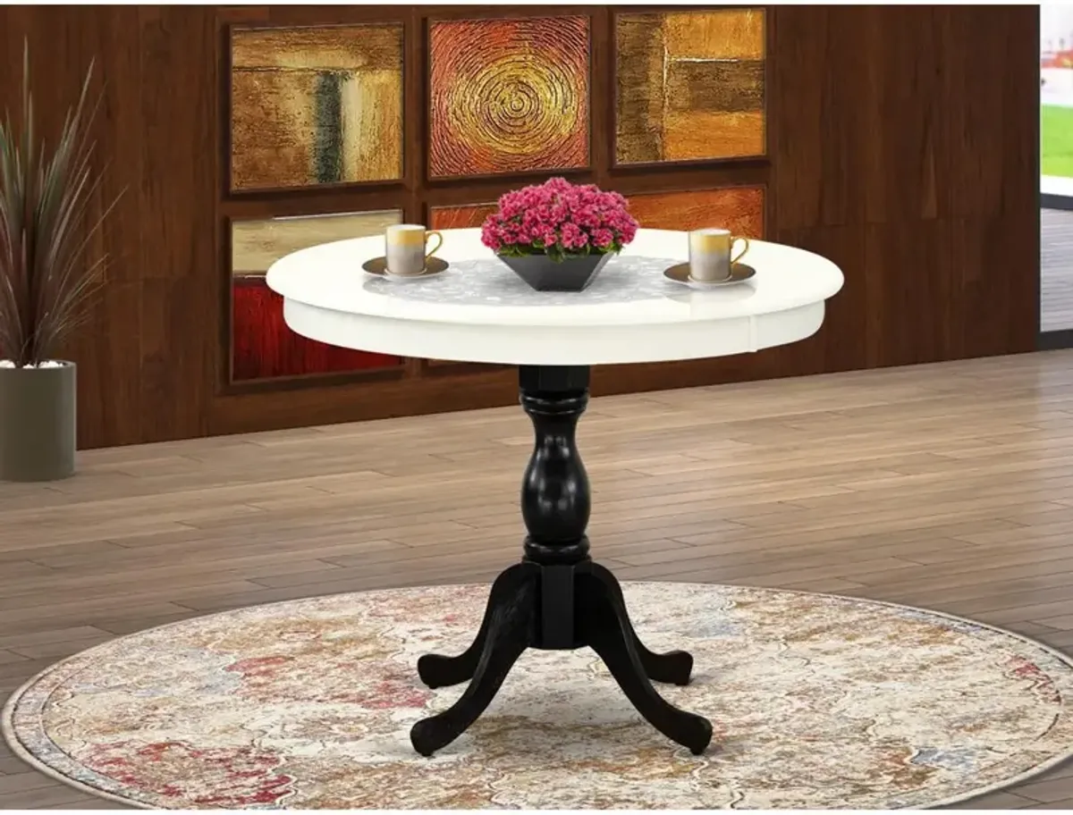 East West Furniture Antique 36 Round Kitchen Table for Small Space - Linen White Top & Black Pedestal