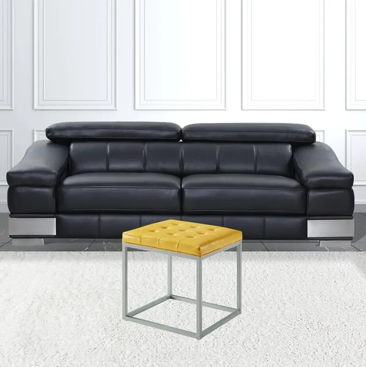 Hivvago 18" Golden Yellow Faux Leather And Silver Cube Ottoman