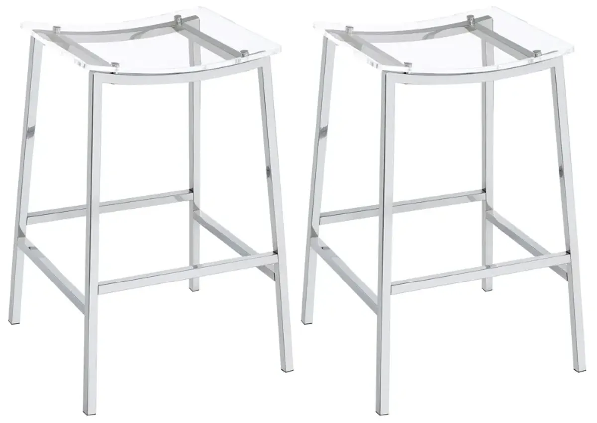 Ani 29 Inch Barstool Set of 2, Acrylic Clear Seat, Footrest, Chrome Metal - Benzara